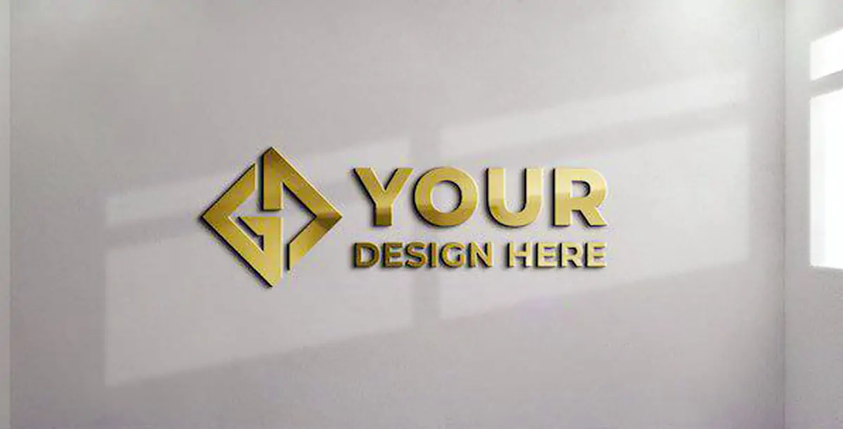 لوگو موکاپ طلایی روی دیوار